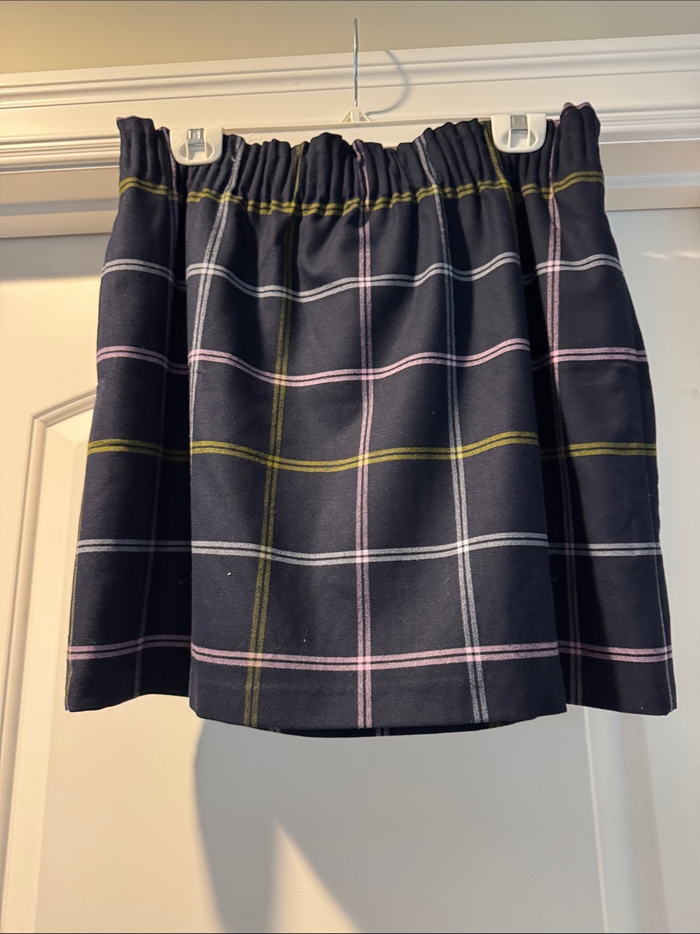 J. Crew Factory Black Plaid Mini Skirt with Pink & Olive Stripes